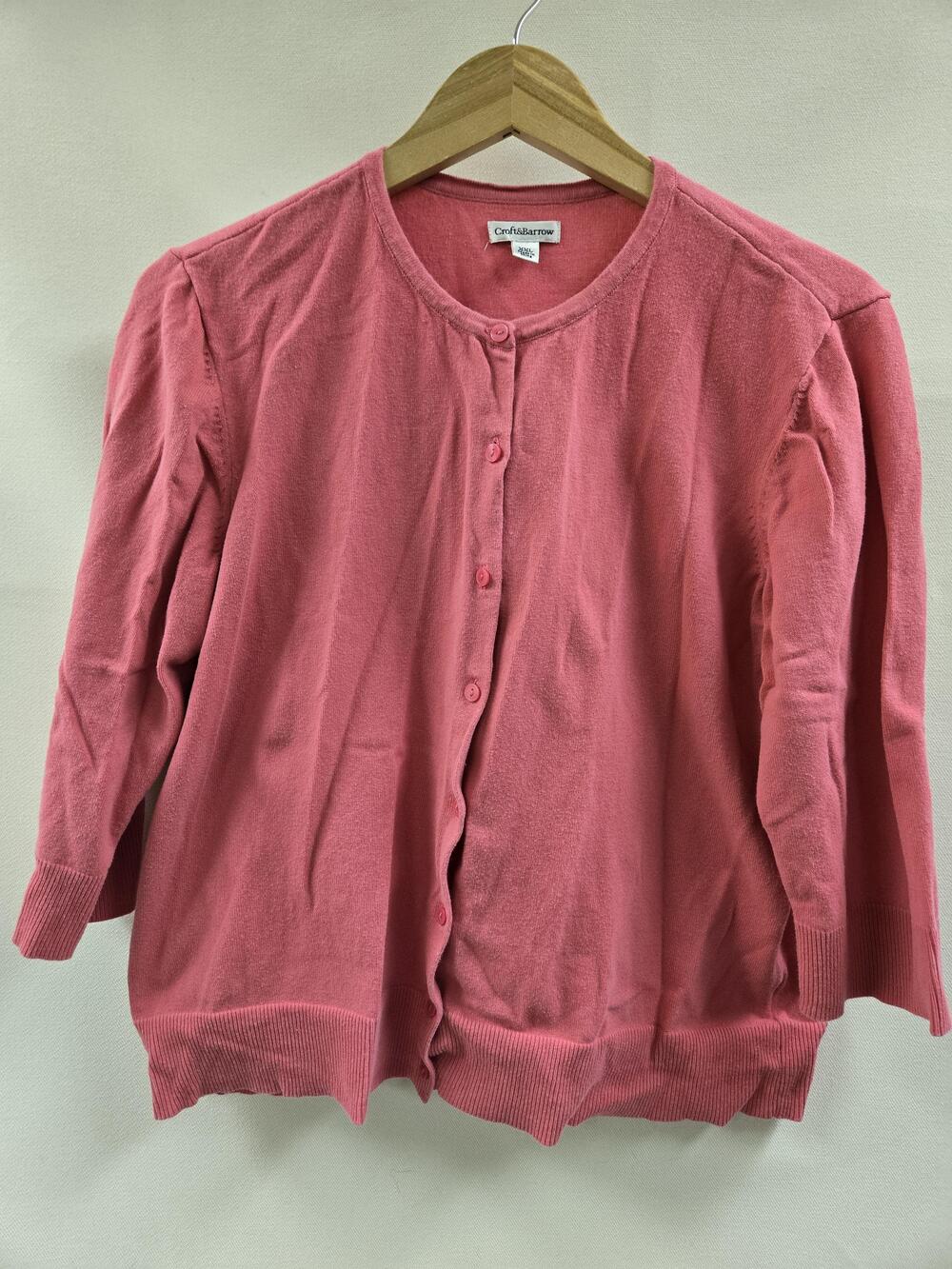Croft & Barrow Sweater Womens 2XL Pink Button Front Cardigan Crewneck 3/4 Sleeve